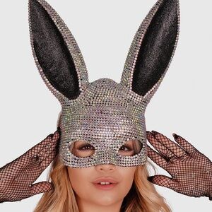 Easter Bunny Delight Sparkling Metallic Silver AB Rhinestone Rabbit Mask